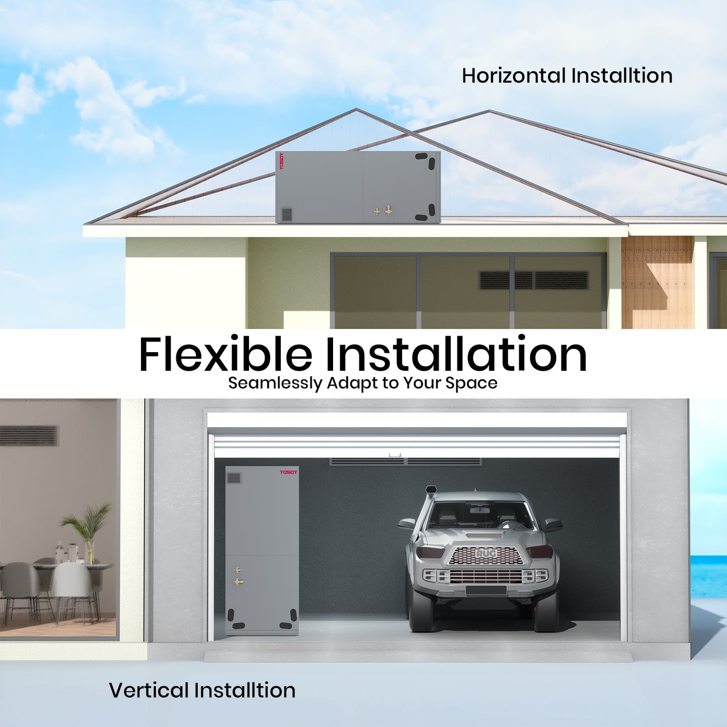 flexible installation. seamlessly adapt to your space. horizontal installation or vertical installation