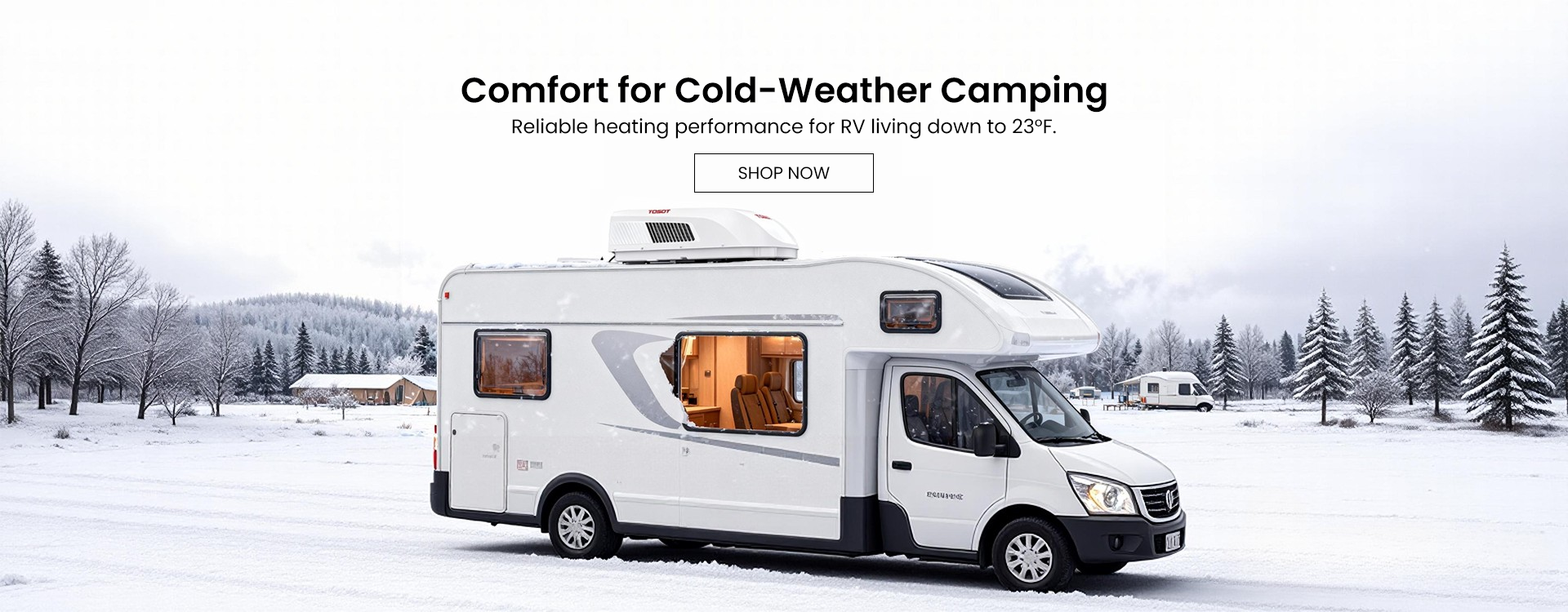 White RV AC in a snowy landscape with text about cold-weather camping and heating performance.