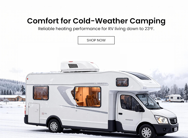 White RVAC  in a snowy landscape with text about cold-weather camping and heating performance.